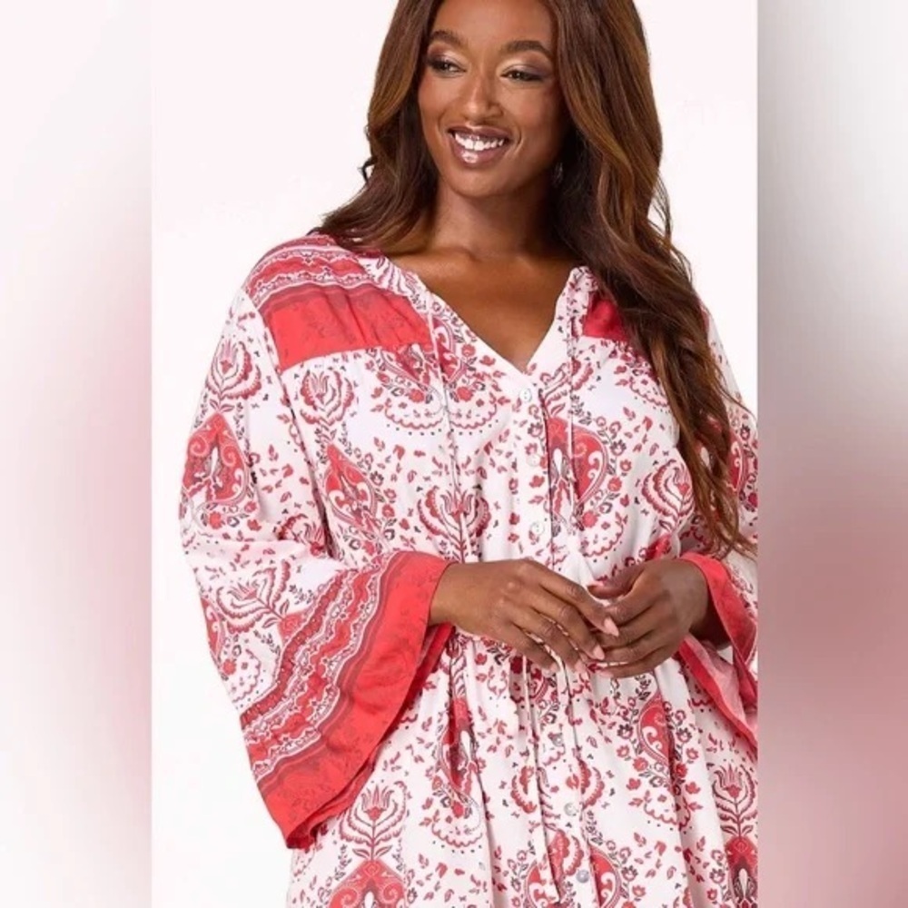 PLUS SIZE BELL SLEEVE SHIRT DRESS RACING RED - Picture 4 of 5